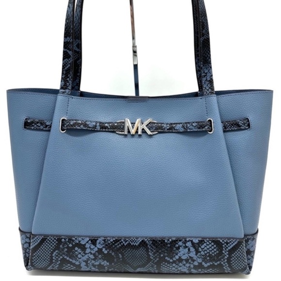 Michael Kors Reed Large Tote Bag Denim Snakeskin Blue - Picture 1 of 11
